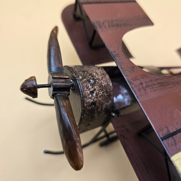 Vintage Metal Biplane Model Rustic Bronze Burgundy Decorative Aircraft 7 Inch - Picture 6 of 16